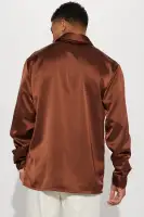 Links Satin Long Sleeve Button Up Shirt(Chocolate,S)
