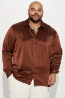 Links Satin Long Sleeve Button Up Shirt(Chocolate,S)