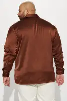 Links Satin Long Sleeve Button Up Shirt(Chocolate,S)