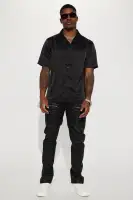 Links Satin Short Sleeve Button Up Shirt(Black,S)