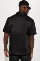 Links Satin Short Sleeve Button Up Shirt(Black,S)