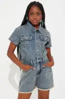 Mini Day At The Pier Denim Romper(Light Wash,4/5)