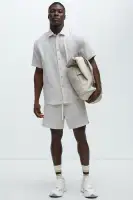 Herringbone Pinstripe Short Sleeve Shirt(Cream/combo,S)