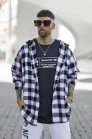 Good Luck Hooded Plaid Flannel Shirt(White/Black,S)